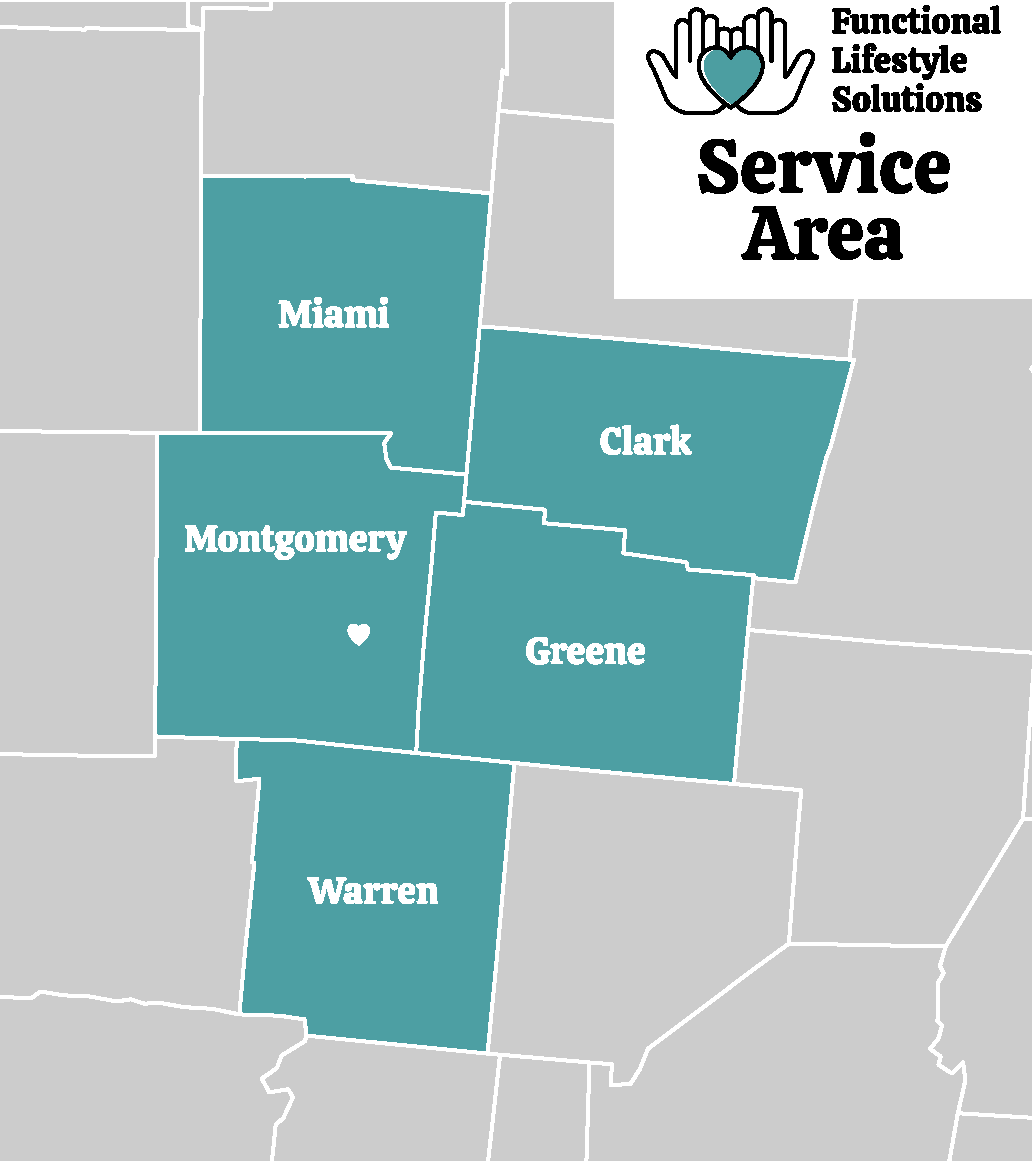 A map of Southwest Ohio showing Miami, Clark, Montgomery, Greene and Warren Counties with the label "Functional Lifestyle Solutions Service Area."